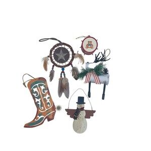 Western Cowboy Texas Christmas Ornaments, 5 Piece, Boot, Reindeer, Drum, Snowman
